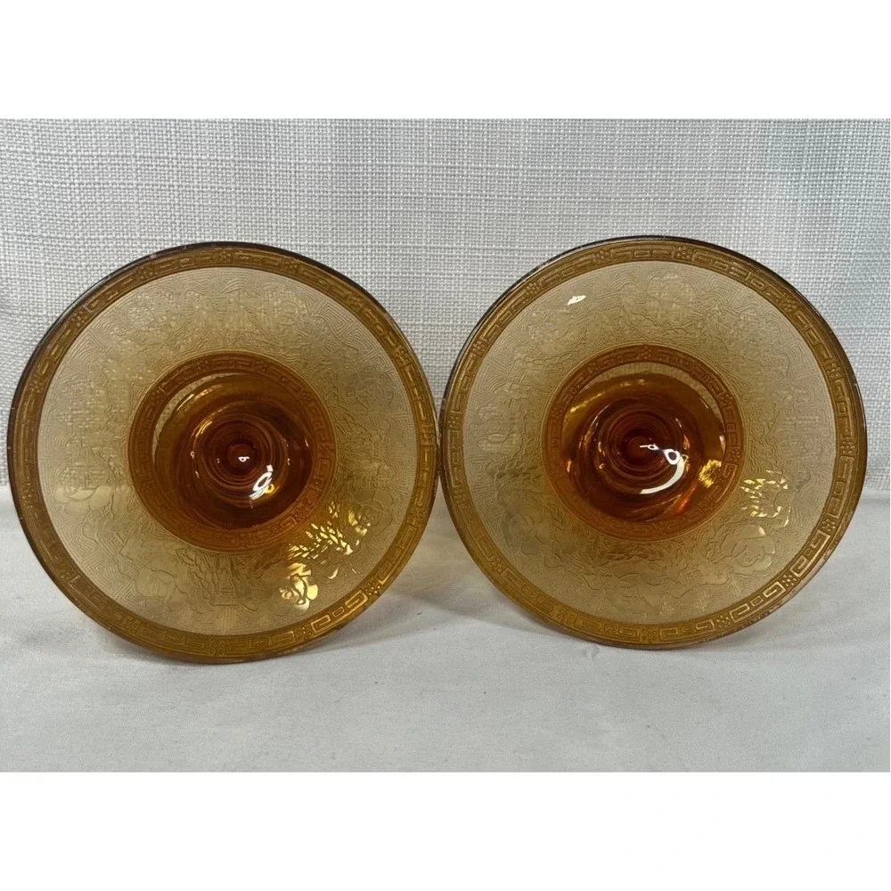 Vintage Amber Glass Candlestick Holders Pair Etched Rose Gold Greek Key 3.5